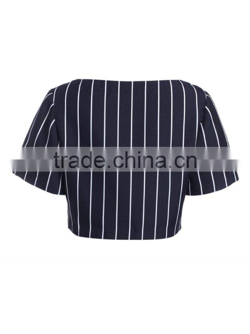 2016 ladies cotton/polyester navy strip thick formal short sleeve shirt/blouse