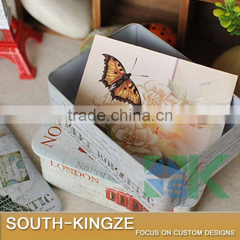 London Colorful Printing Post Card Storage Square Cubid Shape Iron Box