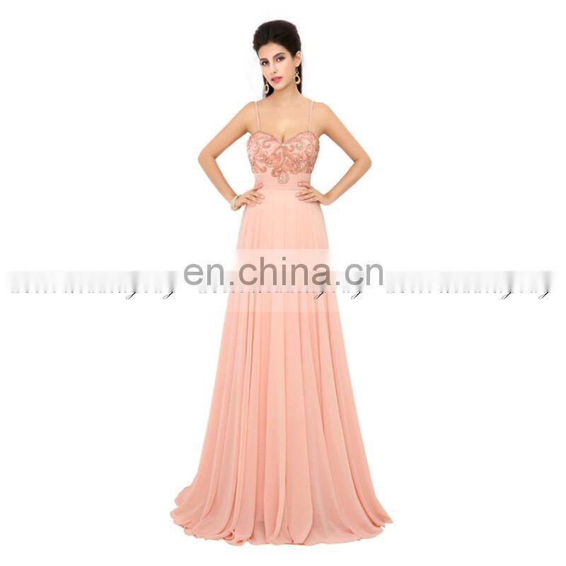 Unique Beading Beading Spaghetti Strap Chiffon Zipper A Line Long Blush Evening Dresses AJ018