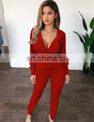 New Fashion Women Autumn Winter Casual Fleece Zipper Hooded Short Tops Long Sleeve Tops + Pants Suit pants set two piece set