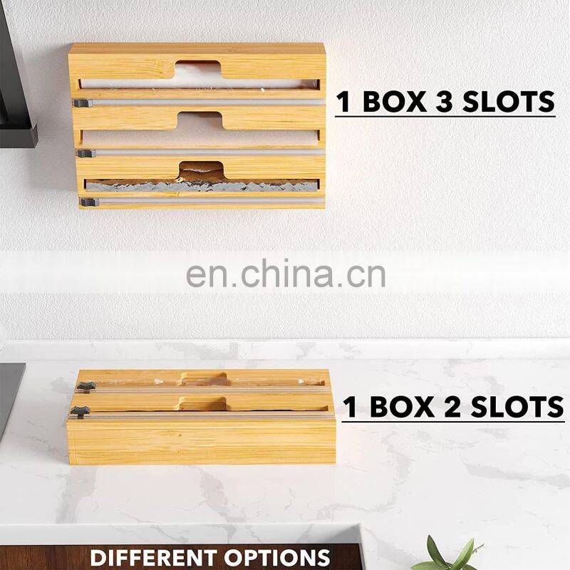 Wrap Dispenser with Cutter and Labels Plastic Wrap Aluminum Foil and Wax Paper Dispenser for Kitchen Drawer Bamboo Roll Organize