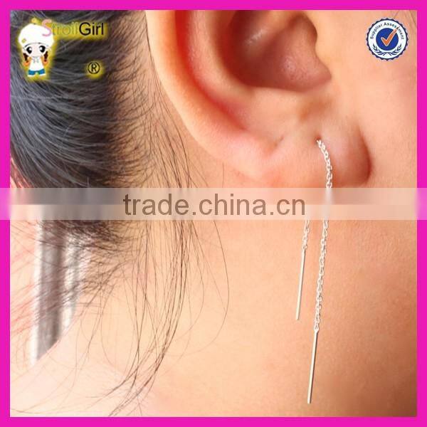 Best sell green color cz crystal earrings silver long chain emerald threader earrings