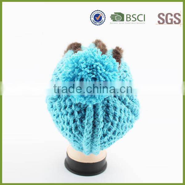 Blue Color Custom Knitted Pom Beanie Hat with Fur