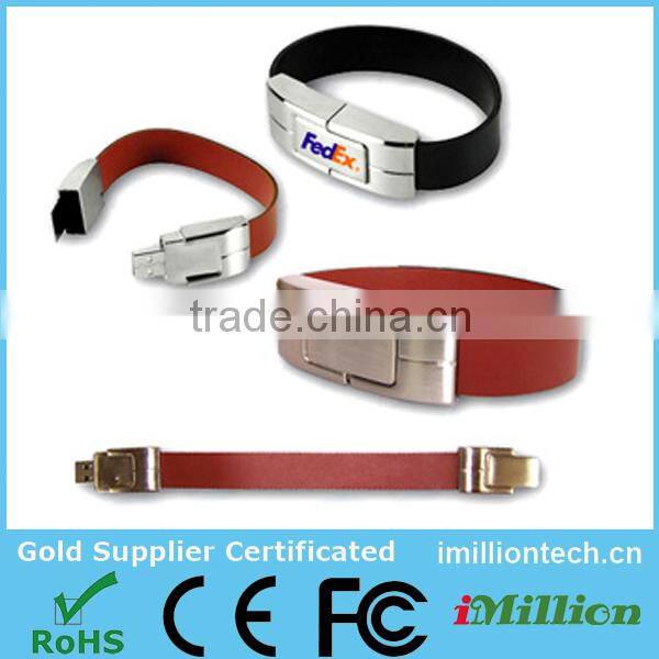 custom Stainless Steel leather cuff bracelet usb with engraved metal plate