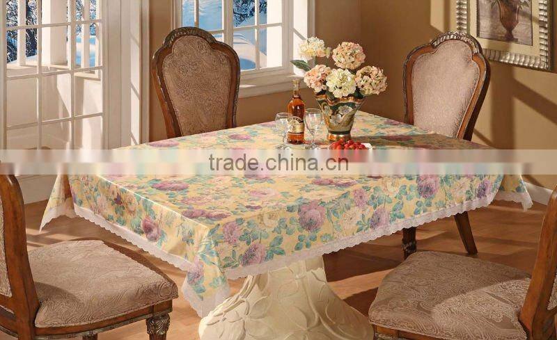 2015 Newest printed floral design pvc table cloth with lace/waved/straight edge