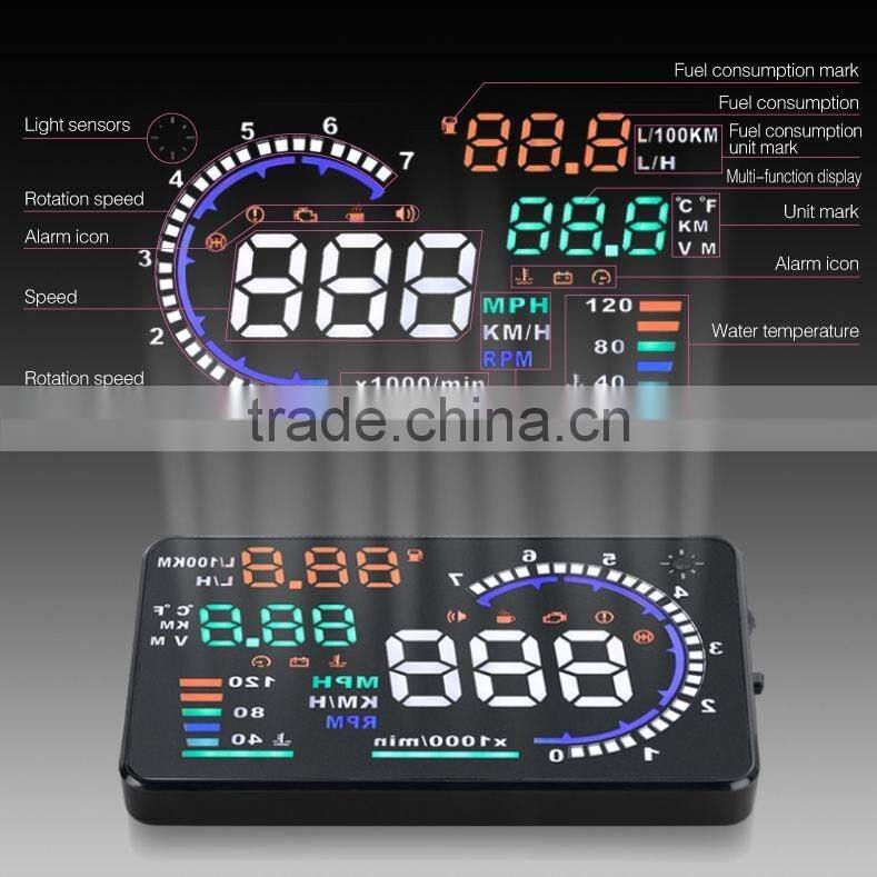 Hot-selling New Colorful Big 5.5 Display Screen Car HUD Head Up Display OBD2 Feul Comsuption/Speed/Tire Pressure Alarm Car HUD