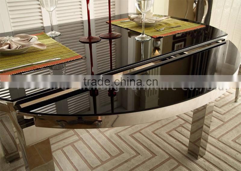 Glass Top Stainless Steel Legs Extendable Dining Table