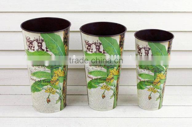 Hot Sale galvanized metal flower buckets, paper decal planter metal long flower bucket