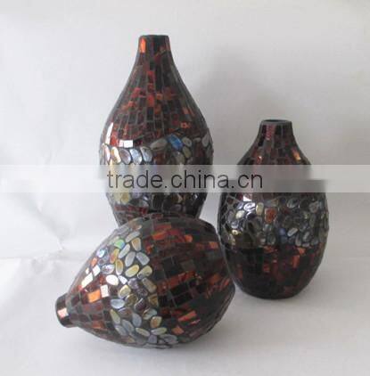 Set of 3 Teal Amber Mosaic Shimmer Pebbles Chinese Decorative Wine Shaped Glass Vases