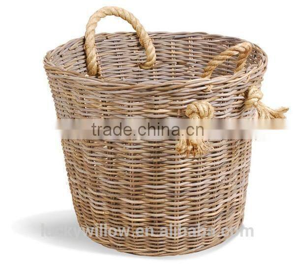 cylinder Rattan gery laundry basket with hemp ropes handle