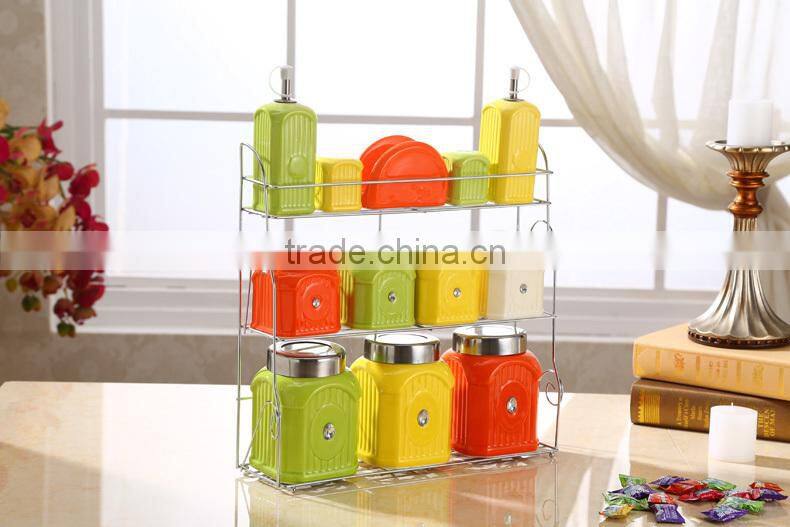 Kitchen ceramic canister set with stainless metal stand