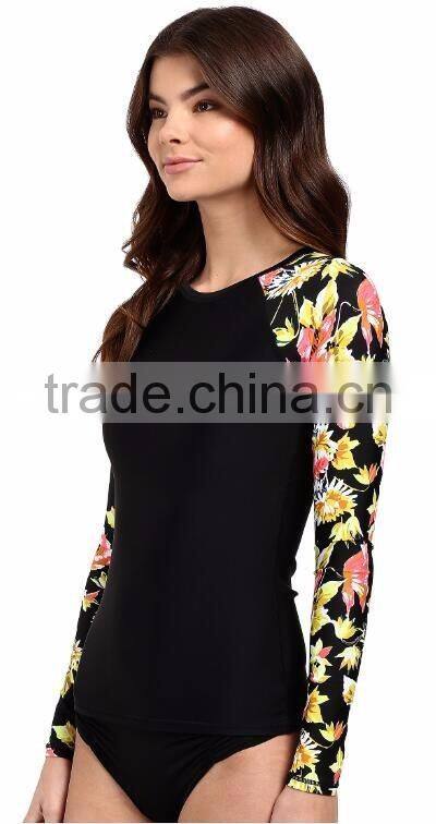 80% Nylon 20% Elastane Woman Lightweight Swimwear Raglan Sleeve Scoop Colorful Floral Print bjj Long Sleeve Surf Tee Rashguard
