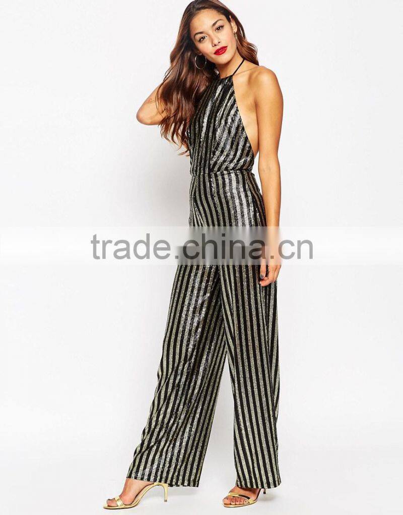 2015 fashionable hot sale OEM customized Allover Sequin Stripe Halter Jumpsuit
