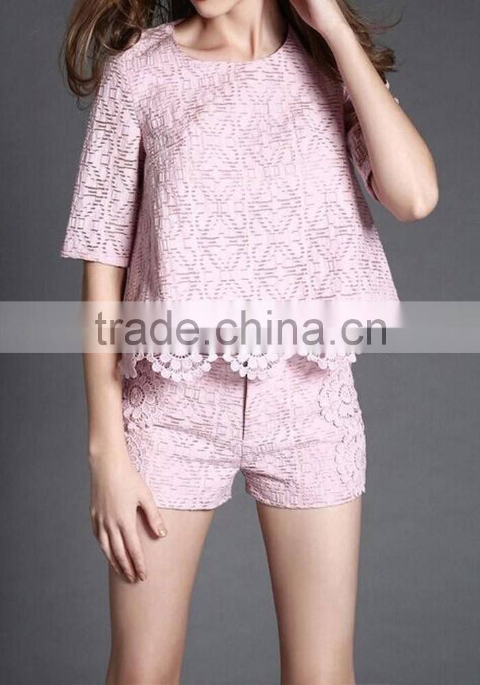 Latest women fasion lace suit short sleeve crop top and shorts