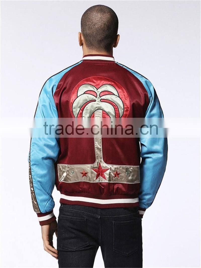 MGOO New Arrival Satin Raglan Long Sleeves Jackets Baseball Red Mens Bomber Jackets With Custom Embroidery