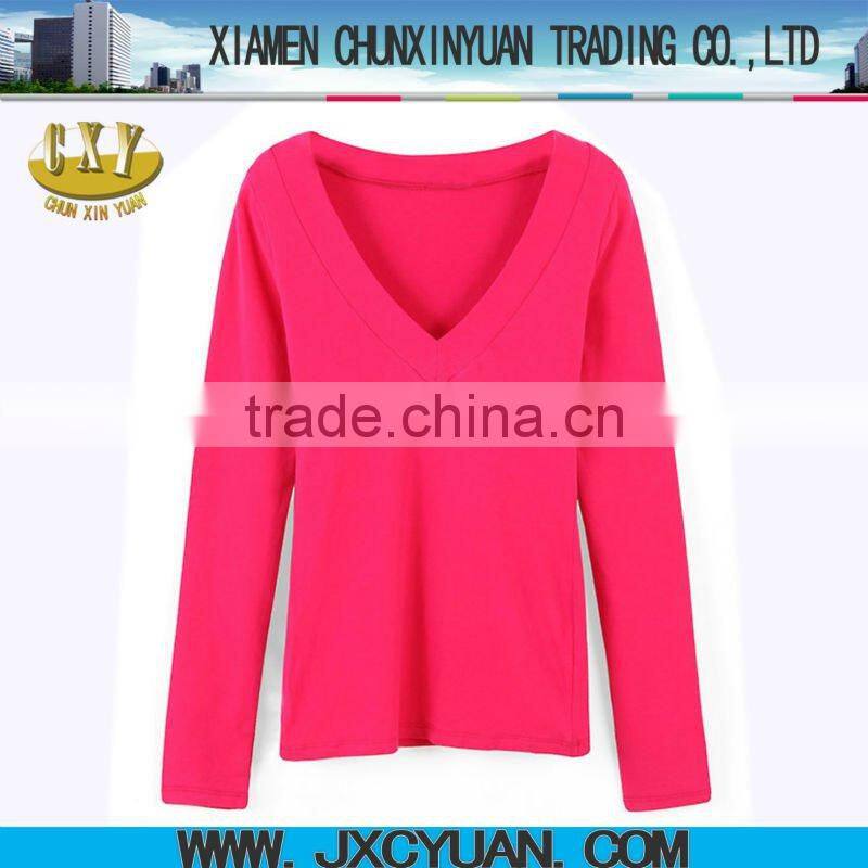 2016 new style fashion ladies t-shirt with double v-neck