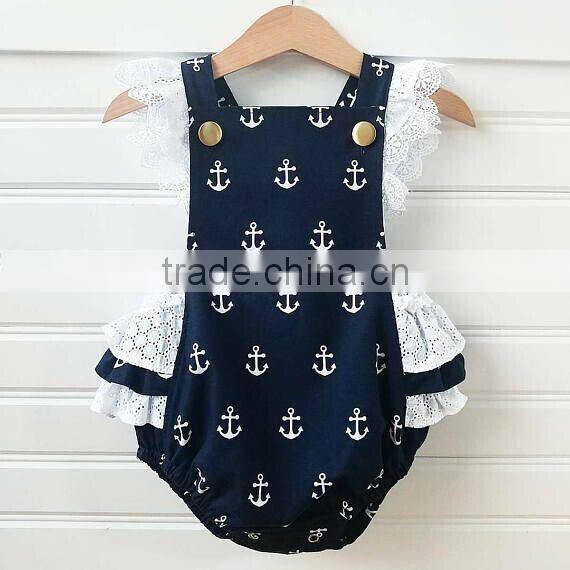 Newborn Baby Girls Anchor Romper Infant Lace Eyelet Ruffle Bubble