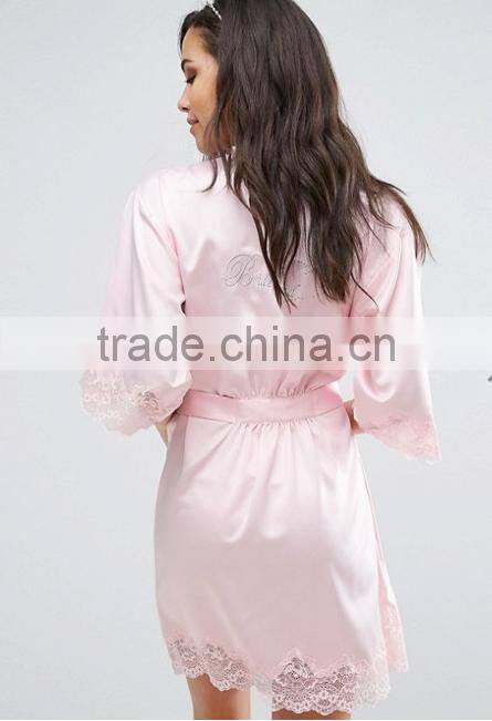 Customize ladies luxury silk satin knee length robe, Bridesmaid Lace Trim Kimono Robe