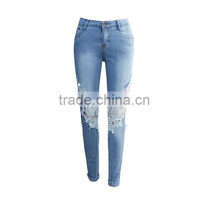 jeans 2017 latest design with Lace patchwork women jeans pants