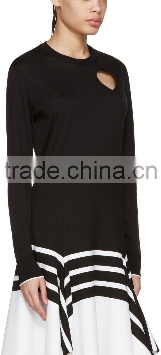 High Quality Wool Blended Crew Neck Heart Cut-Out Black Pullover for Women