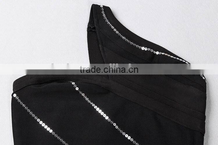 New Designer One Piece Sexy Flash Stripes Black One-shoulder Party Dress