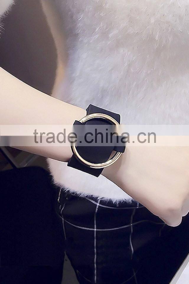 Wide Black Punk Leather Bangle Bracelet with Adjustable Gold/Silver Loop Circle for Lady