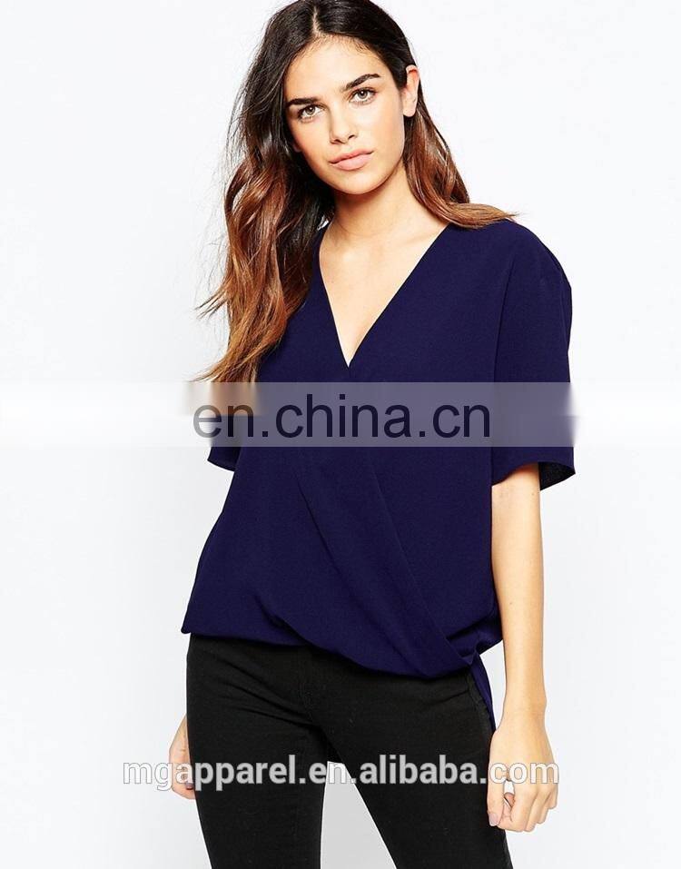 New fashion design lady blouse woven fabric V-neck short sleeve woman blouse