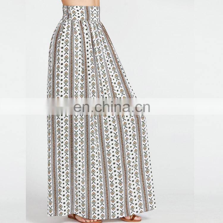 Long Skirt And Blouse Designs Ornate Print Wide Waistband Maxi Skirt