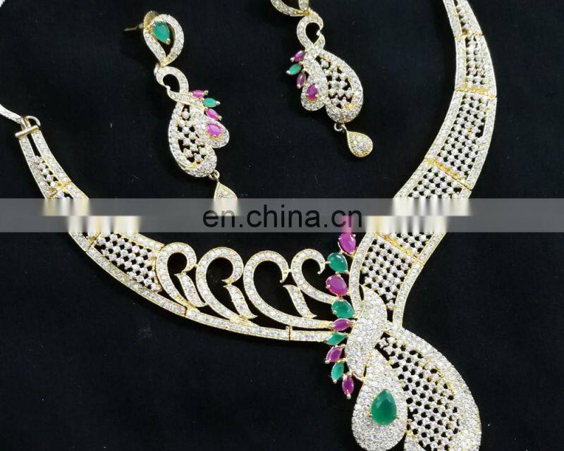 Much More Heart Beated Multi- Color Gold Plated American Diamond Necklace Earrings Set
