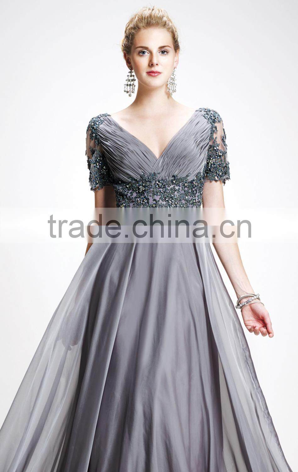 Autumn Style Elegant V-Neck Smooth Lace Short Sleeve Floor Length Evening Gown