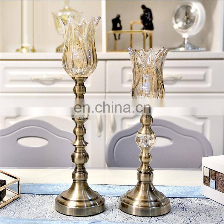 Flower Shape Glass And Metal Tall Pillar Candle Holder