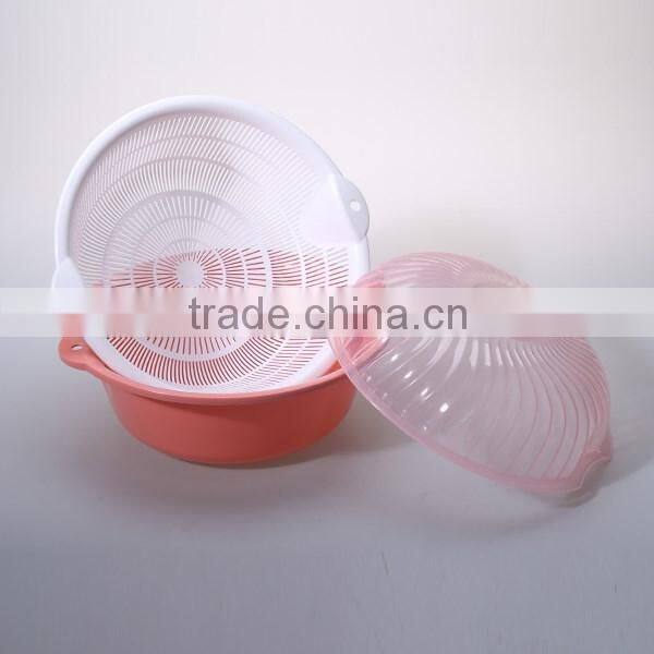 Double layer round plastic vegetable basin with strip lid