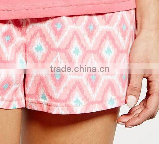 New Style OEM Summer Sexy Short Loose Fit Women 100% Cotton Knitted Red T-shirts and Printed Pink Shorts Pajama Set