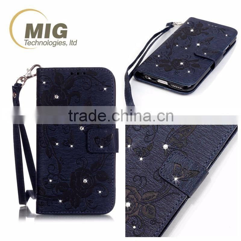 Fasion designed Diamond butterfly wallet leather case cover with strap, leather case with inside TPU for iphone 6s/6 plus