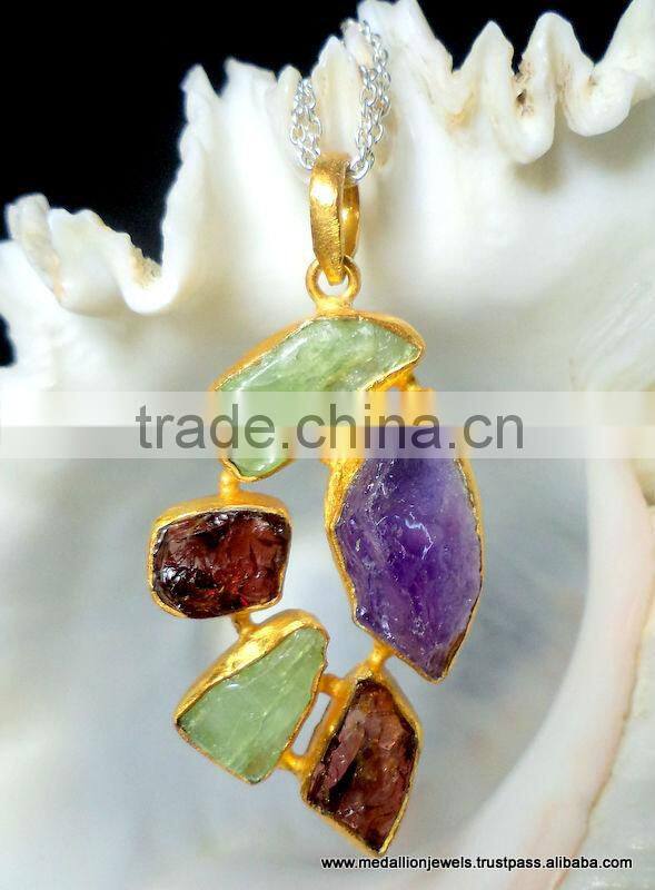 Kyanite Amethyst Citrine & Garnet Rough Gemstone Pendant, 925 Solid Sterling Silver Pendant, Designer Raw Bezel Pendant