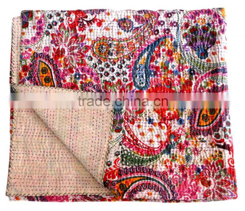 RTHKG-8 Paisley Printed Cotton Fabric Vintage Bedspread Wholesaler Traditional Handmade Stitching Gudri Throw Kantha Jaipur
