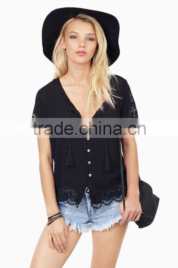 New arrival 2016 fashion embroidery bohemian blouse clothing for women wear, soft jersey lace insert women blouse with button