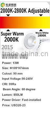83mm Cutout 13W 15W led light downlight CCT Adjustable 2000-2800k