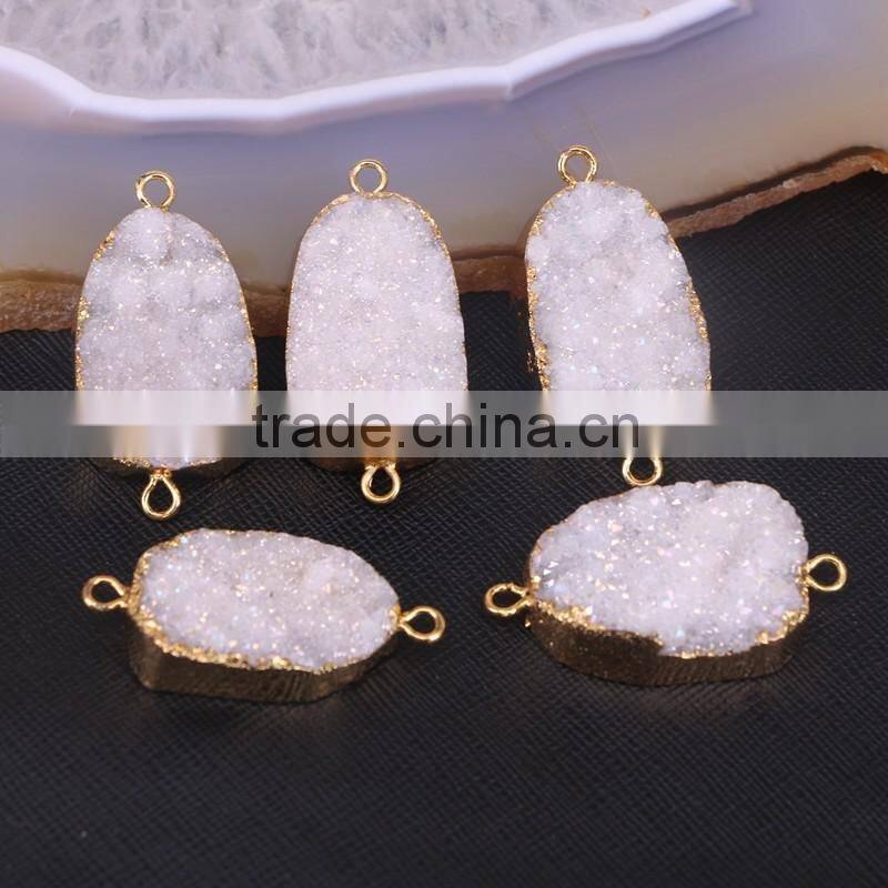 Gold Plated Natural Agate Titanium AB Druzy Geode Connector Double Bails White Druzy Gemstone Geode Jewelry