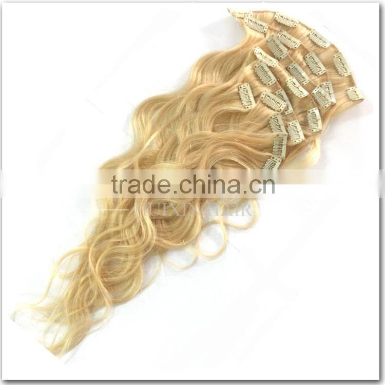 Blonde Cambodian Human Hair Wavy Clip In Hair Extension