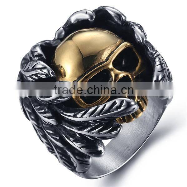gold silver vintage gothic wing biker surgical stainless steel skull ring for man