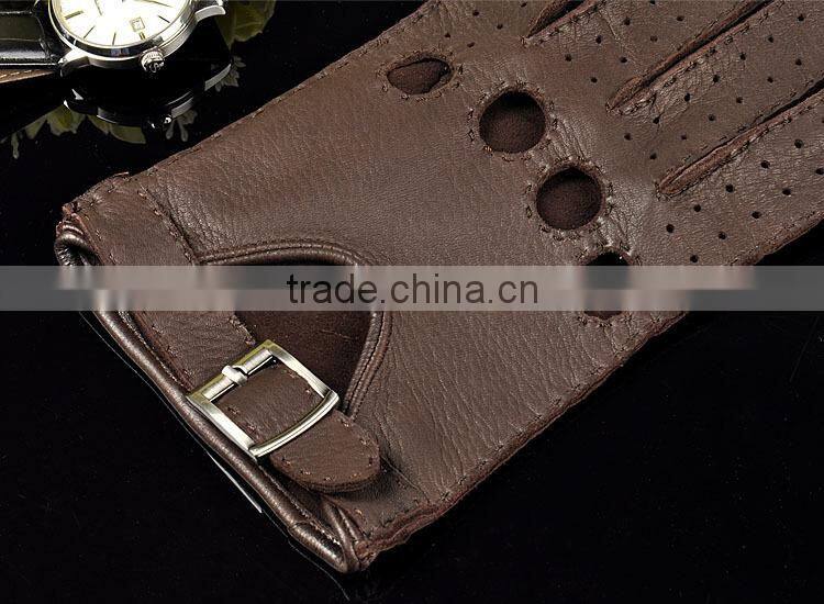 Top luxury buckle hand sewing breathable driving gloves dark brown deerskin leather gloves for men