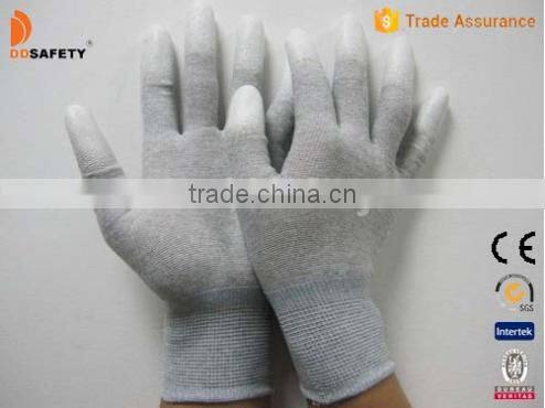 13G Carbon Fiber Knit Wrist Liner White PU Coated On Finger Protective Safety Glove