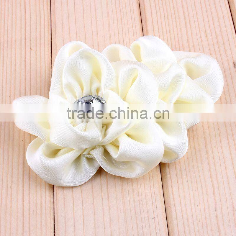 handmade satin fabric flower with rhinestone center for kids hair accessories