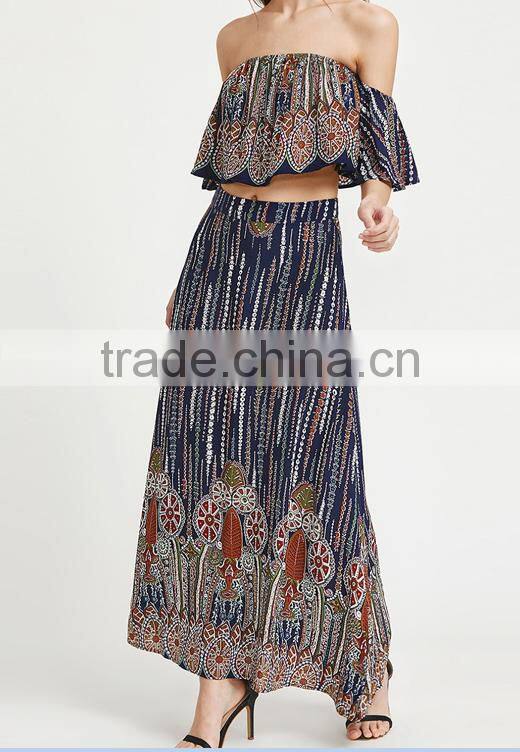 Multicolor vintage print off shoulder two piece set boho ruffle top and long skirt