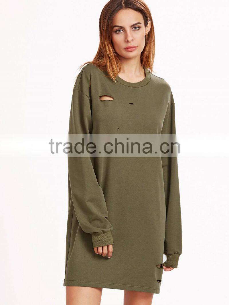Olive Green Drop Shoulder Distressed Sweatshirt Dress, Women Casual Dress