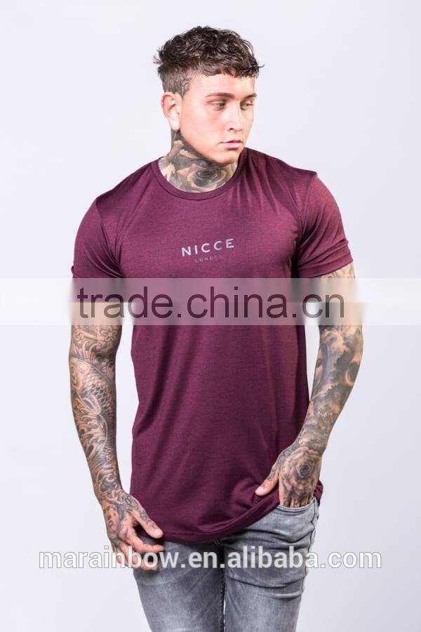 Burgundy 100% Polyester Dri Fit T Shirt Mens Short Sleeve Longline Curved Hem Tee Elongated T-Shirt Wholesale