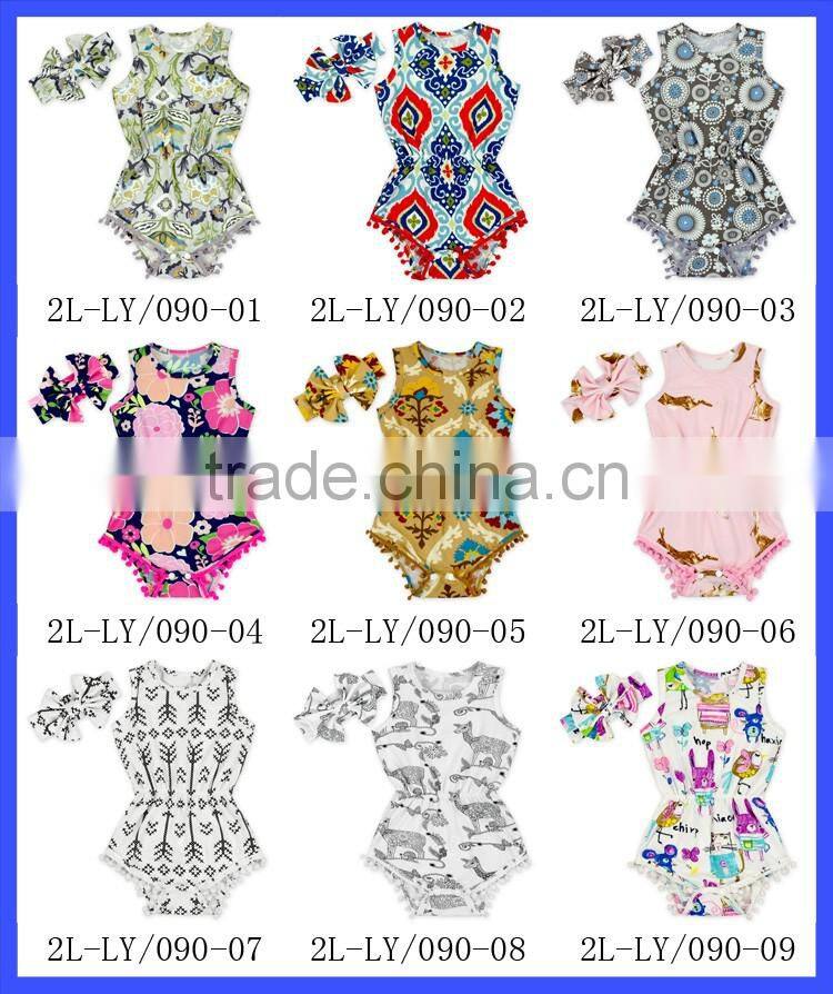 2LLY-090 Lovebaby latest sleeveless printed animals pattern summer pom pom romper with baby hatbaby jumpsuit designs