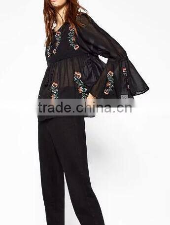 Runwaylover EY2375B 2017 Fashion Women Flare Sleeve Chiffon Embroidery Blouse