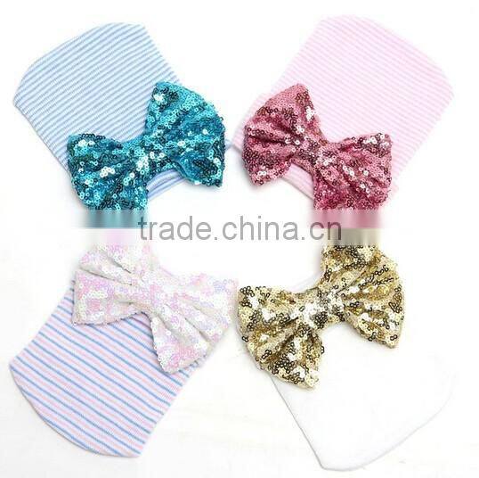 big sequin bow new born baby knitting hats, bow knitted beanie hat